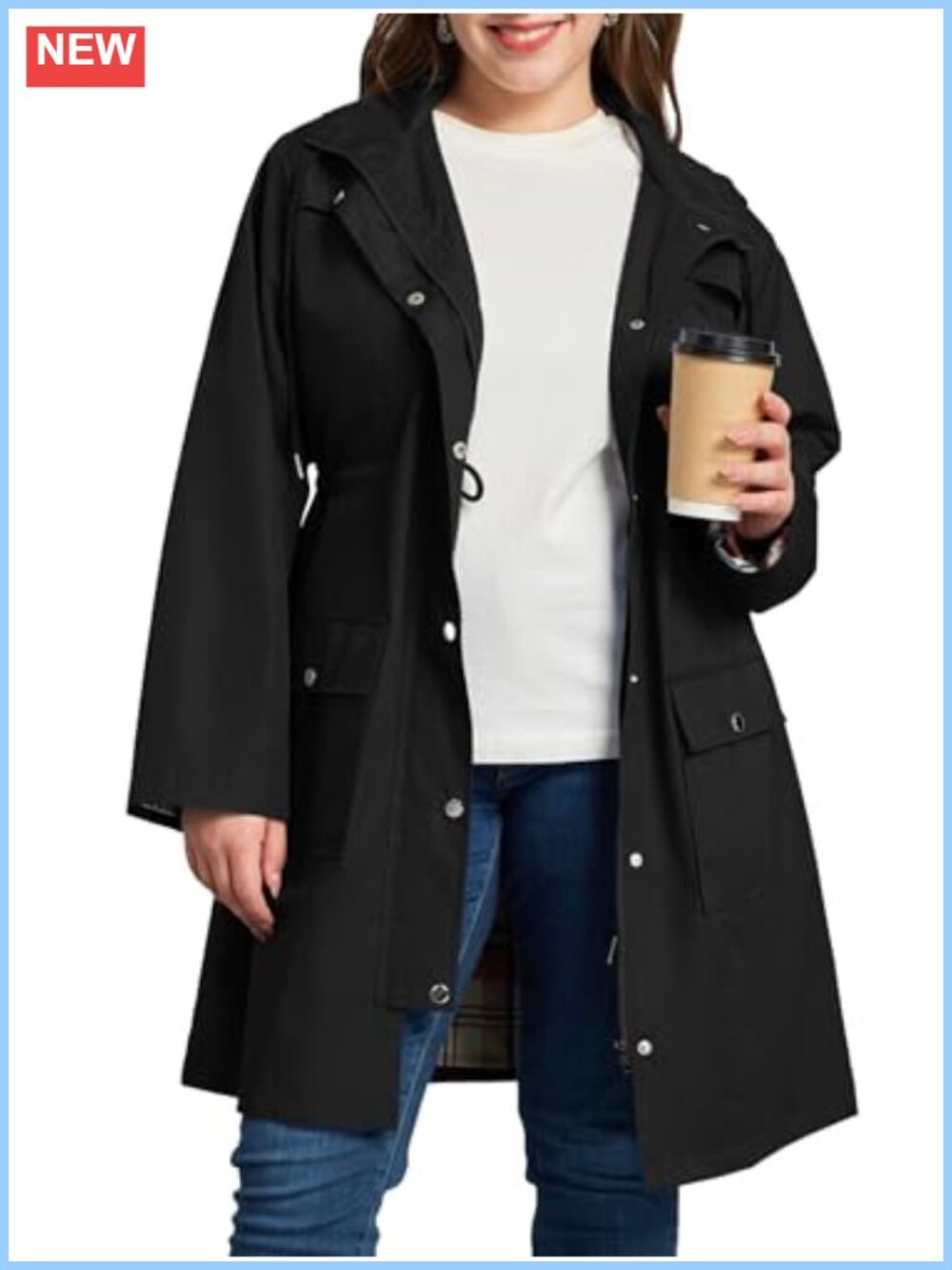 Plus Size Women Waterproof Rain Jacket Hooded Windbreaker Trench Coat with